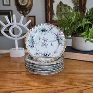 Set of 6 Antique Hand Painted Floral Plates - Scalloped Gold Rim Violets